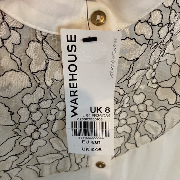 WAREHOUSE UK BRAND NWT Ivory and lace detail blouse Size USA 4/S - Picture 7 of 9